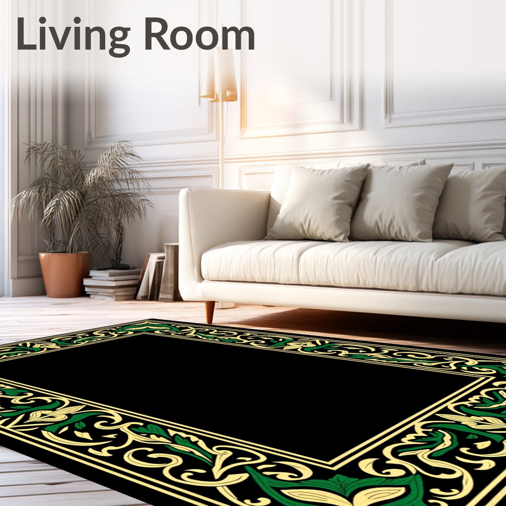 Ornate Green Gold Flourish Border Rug