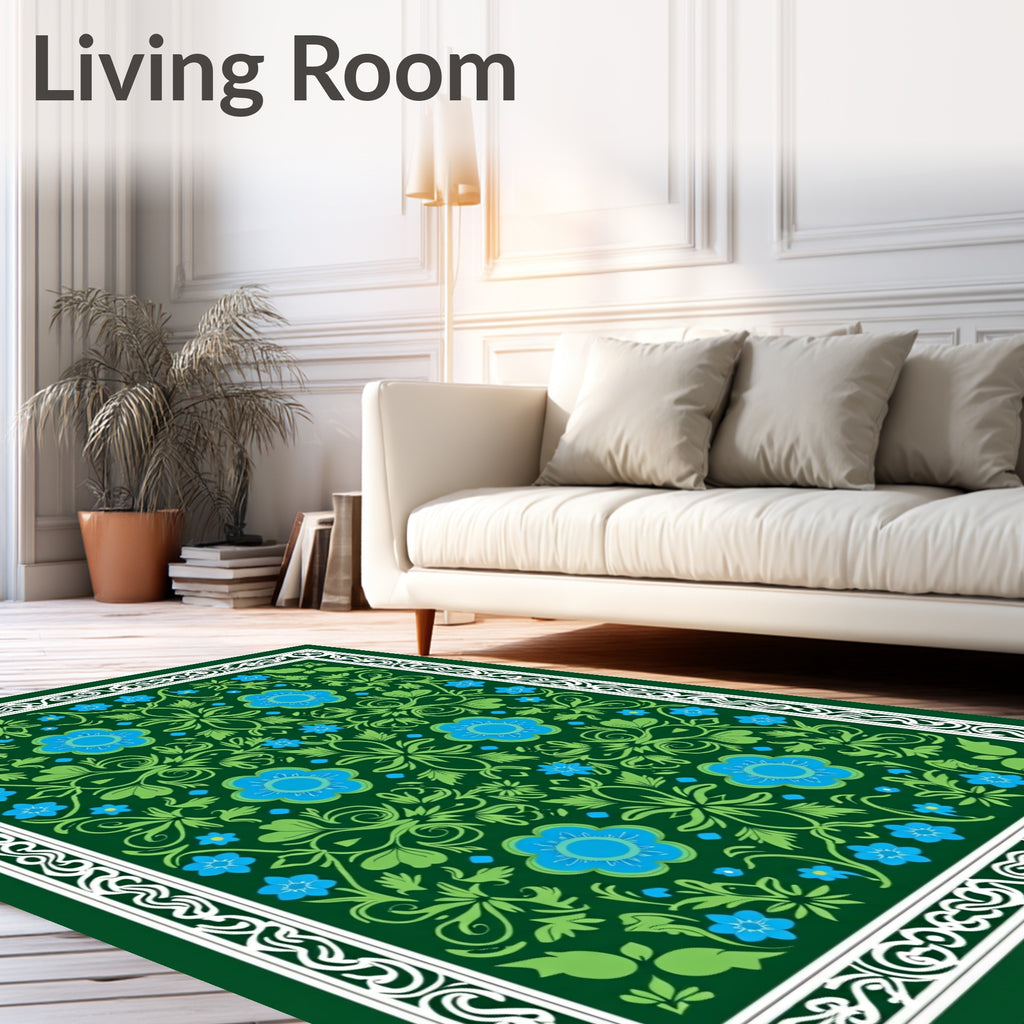 Embroidered Blue Floral Green Garden Rug