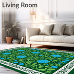 Embroidered Blue Floral Green Garden Rug