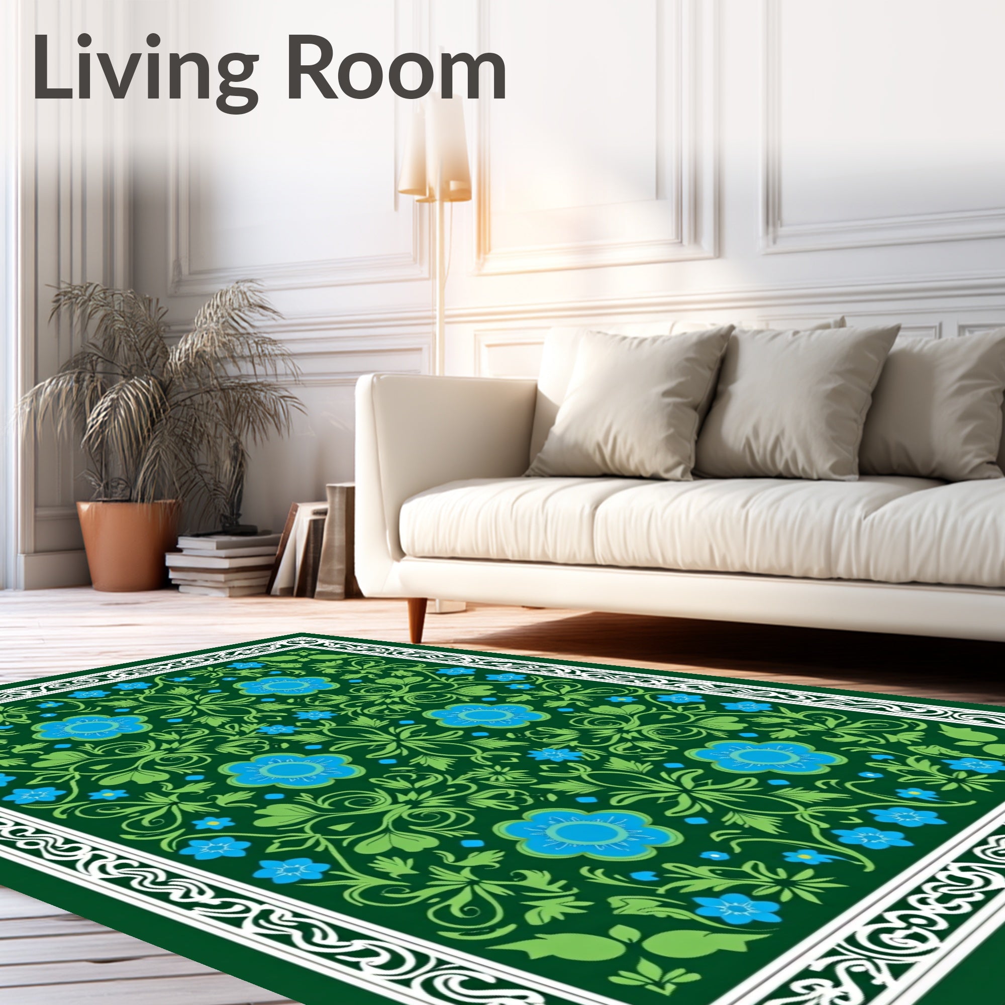 Embroidered Blue Floral Green Garden Rug