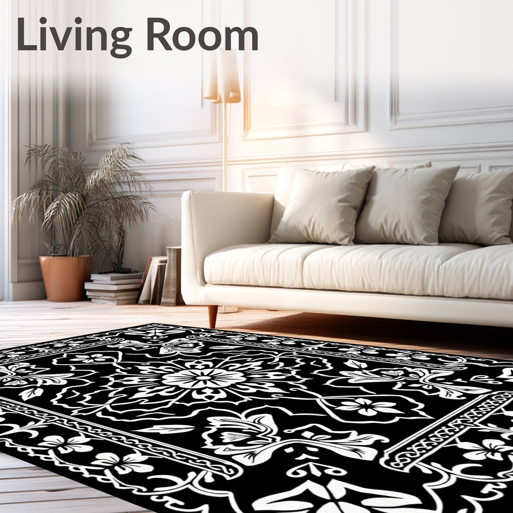 Ornate Floral Abstract Black and White Rug