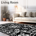 Ornate Floral Abstract Black and White Rug