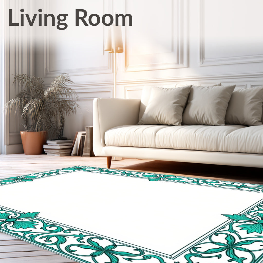 Teal Scrollwork Floral Elegant Border Rug