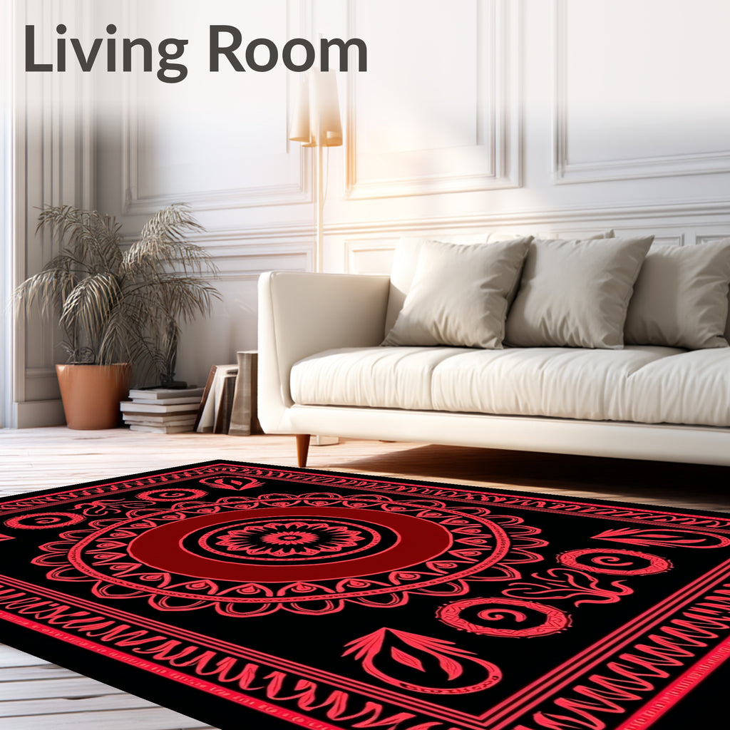 Bold Red Floral Mandala Bordered Design Rug