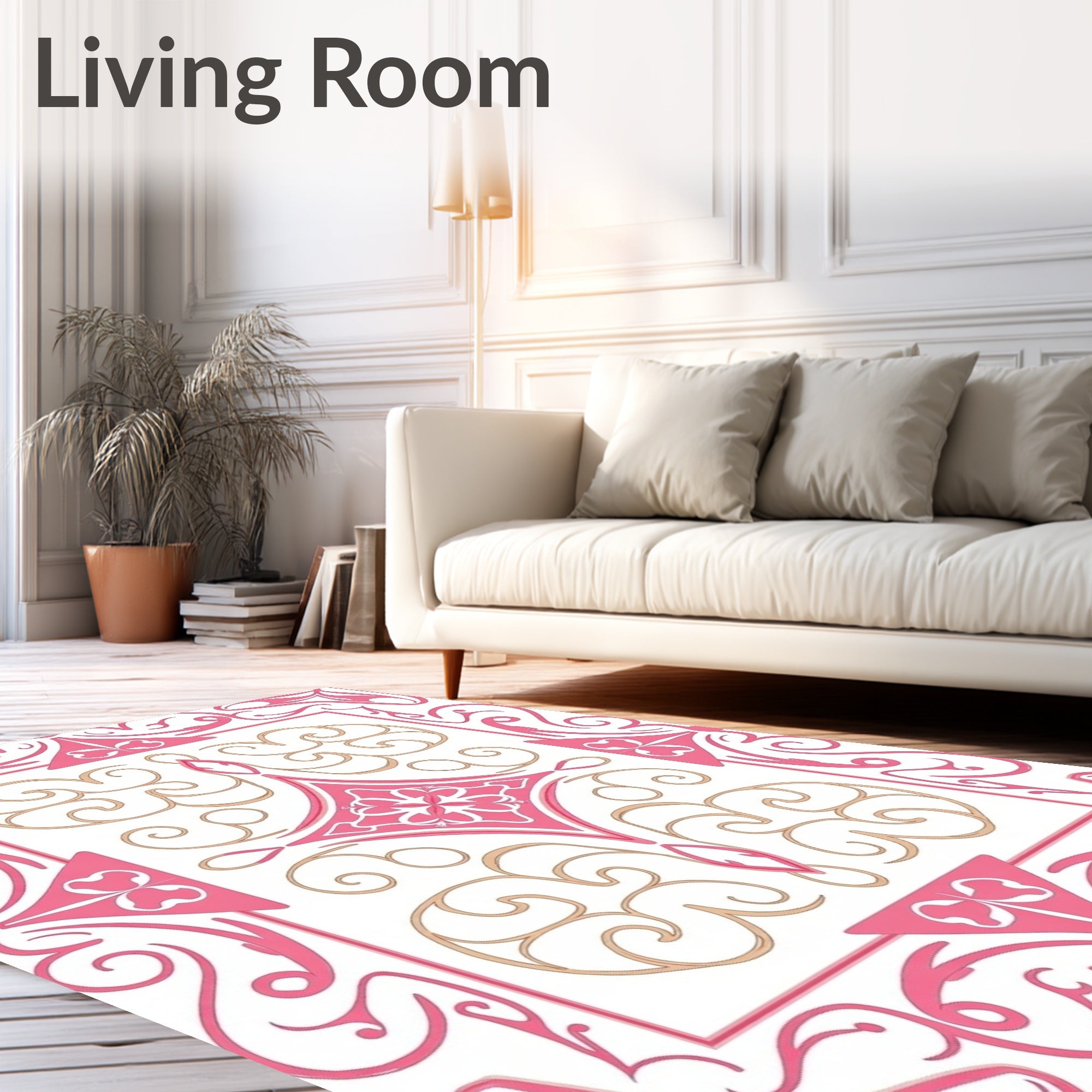 Pink and Gold Ornate Floral Tile Design Rug