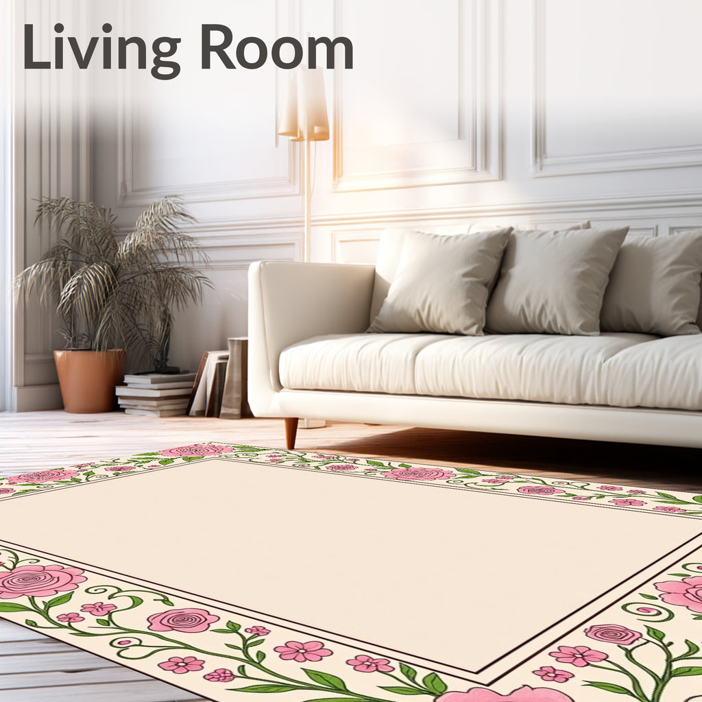 Floral Vines With Pink Roses Border Rug