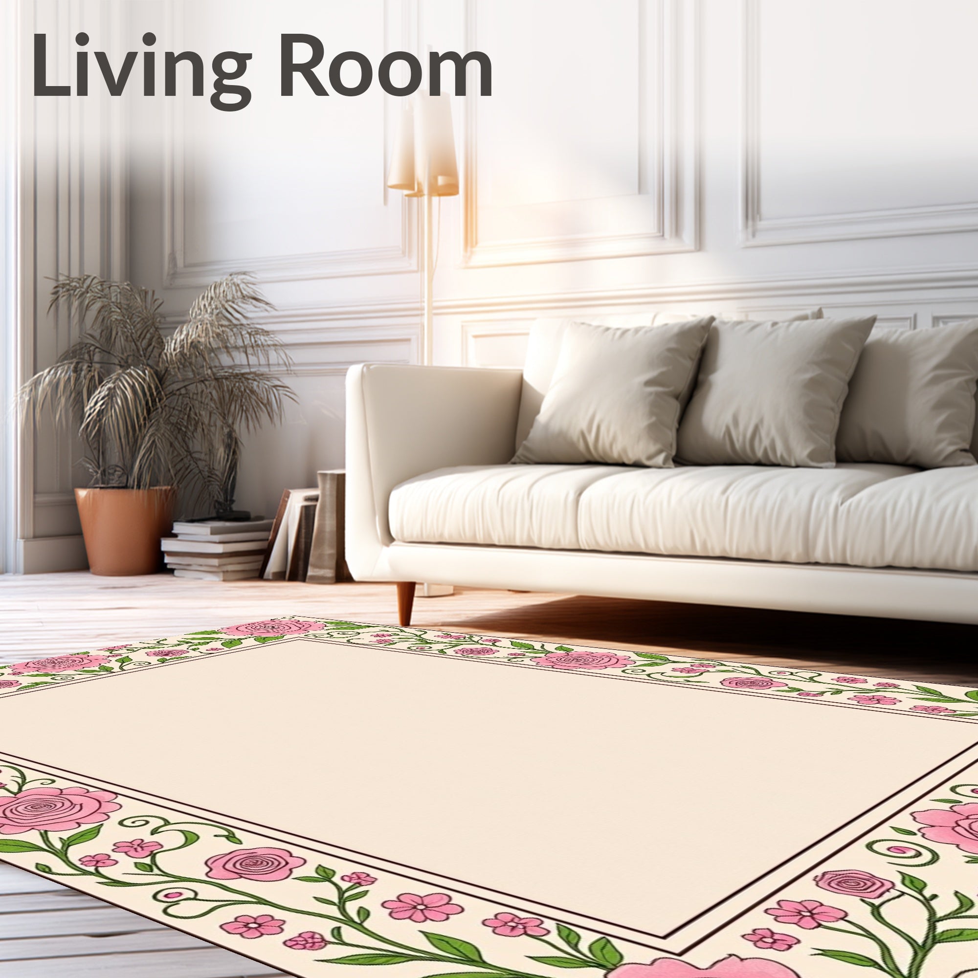 Floral Vines With Pink Roses Border Rug