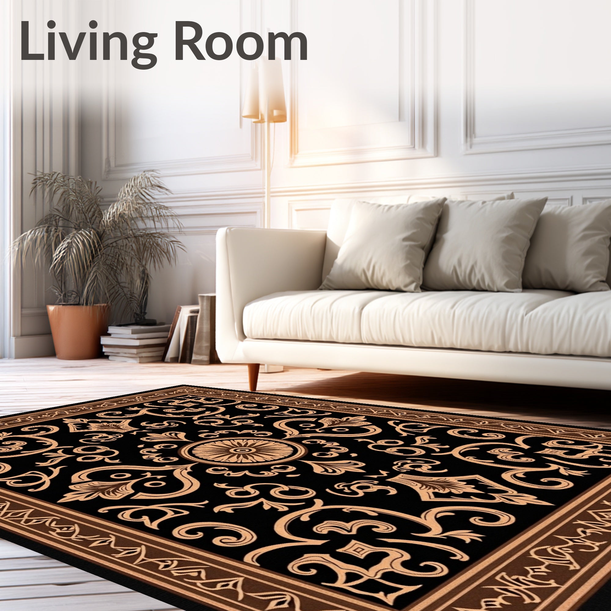 Ornate Floral Scrollwork Brown Black Rug