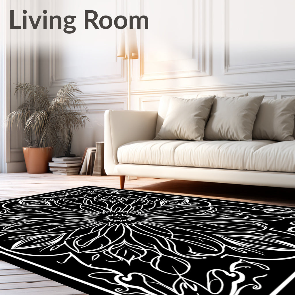 Black White Floral Mandala Rug