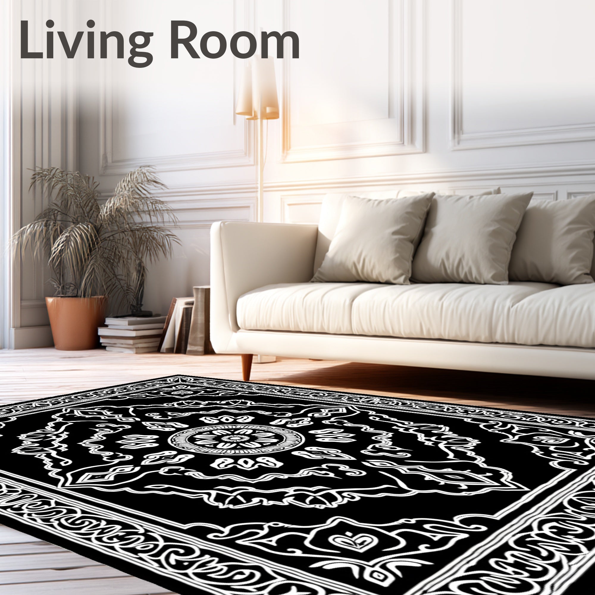 Intricate Black and White Floral Medallion Rug
