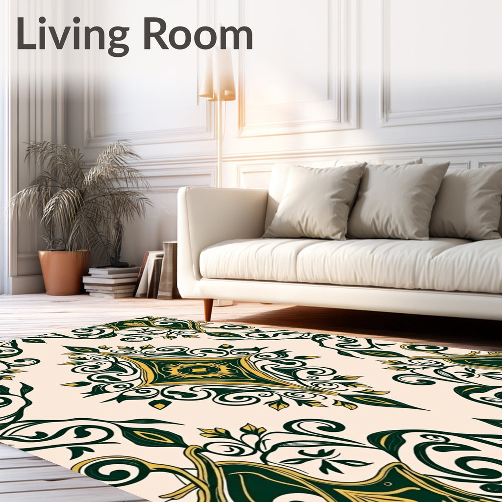 Elegant Green Gold Floral Damask Rug