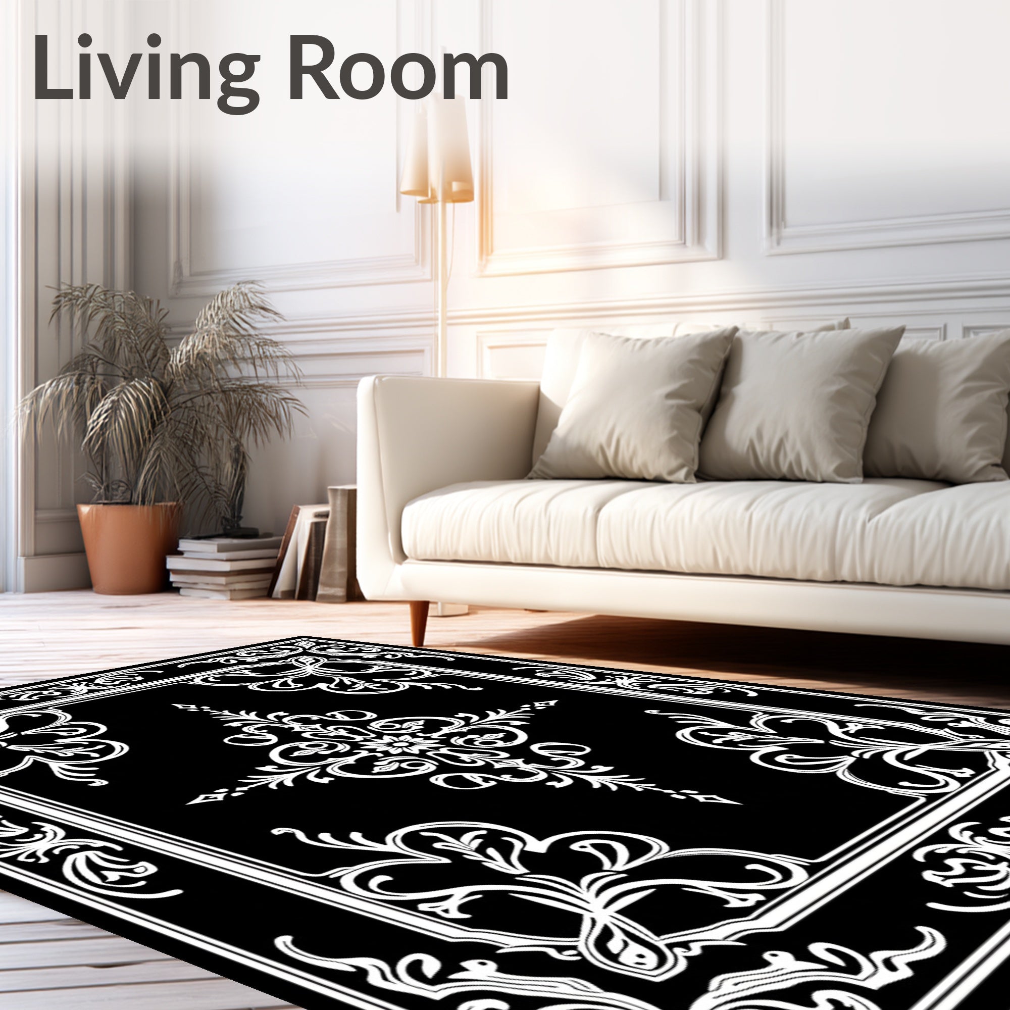 Elegant White Floral Scrollwork Design Rug