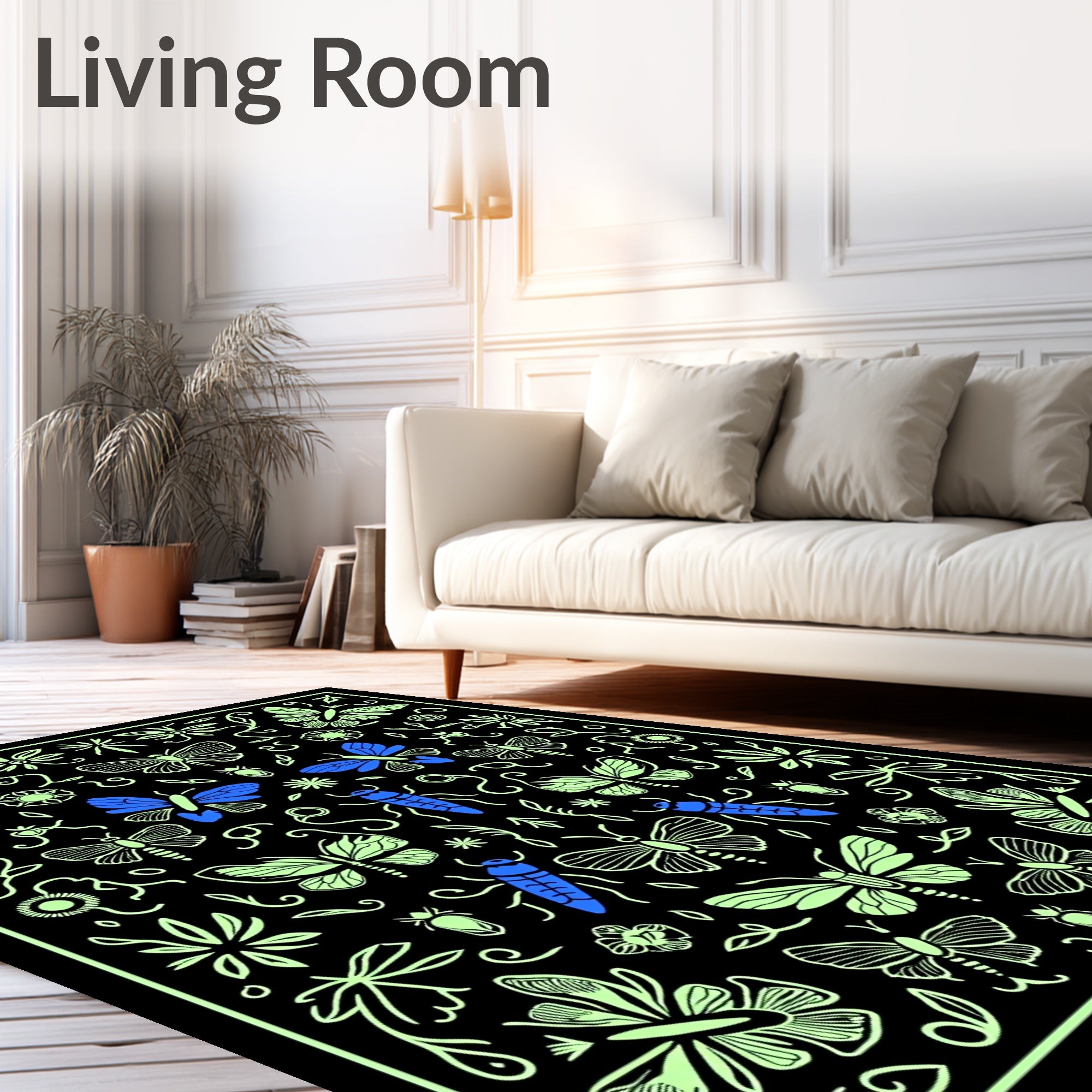 Midnight Garden Moth Butterfly Design Rug