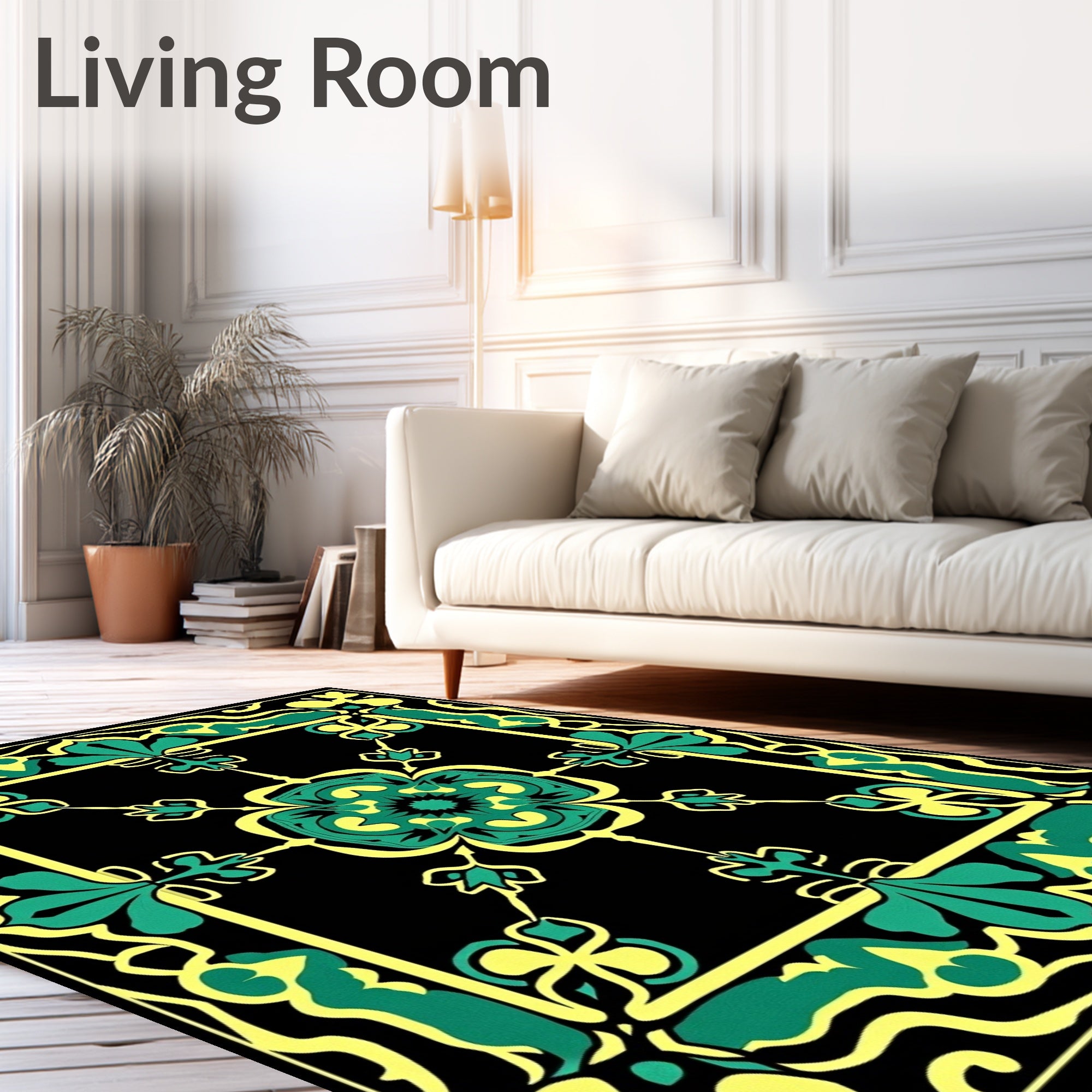 Bold Teal Yellow Floral Frame Rug