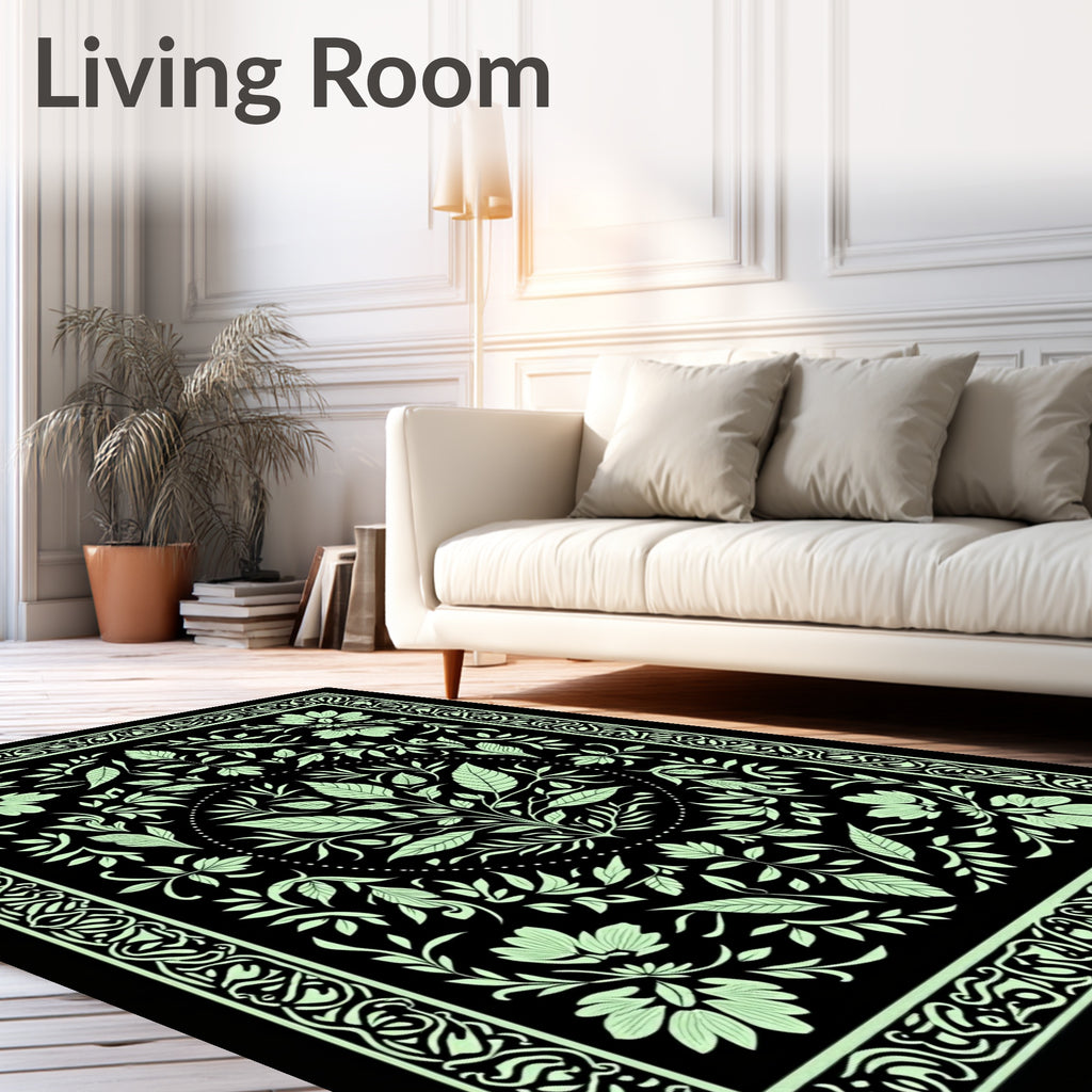 Elegant Light Green Floral Botanical Design Rug