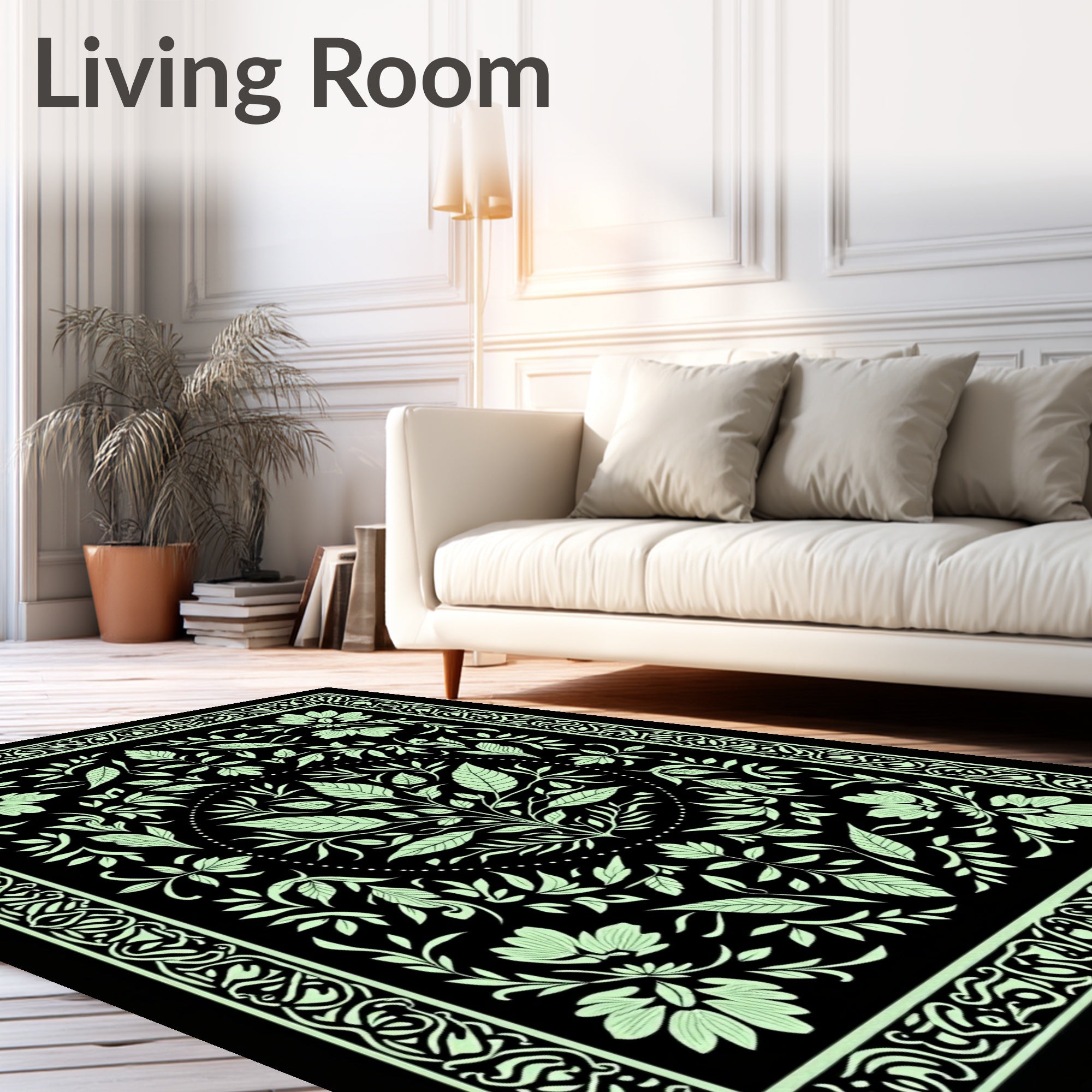 Elegant Light Green Floral Botanical Design Rug