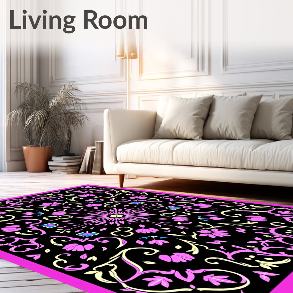 Pink Floral Scrolling Black Pattern Rug