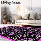 Pink Floral Scrolling Black Pattern Rug