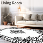 Ornate Black Floral Border Design Rug