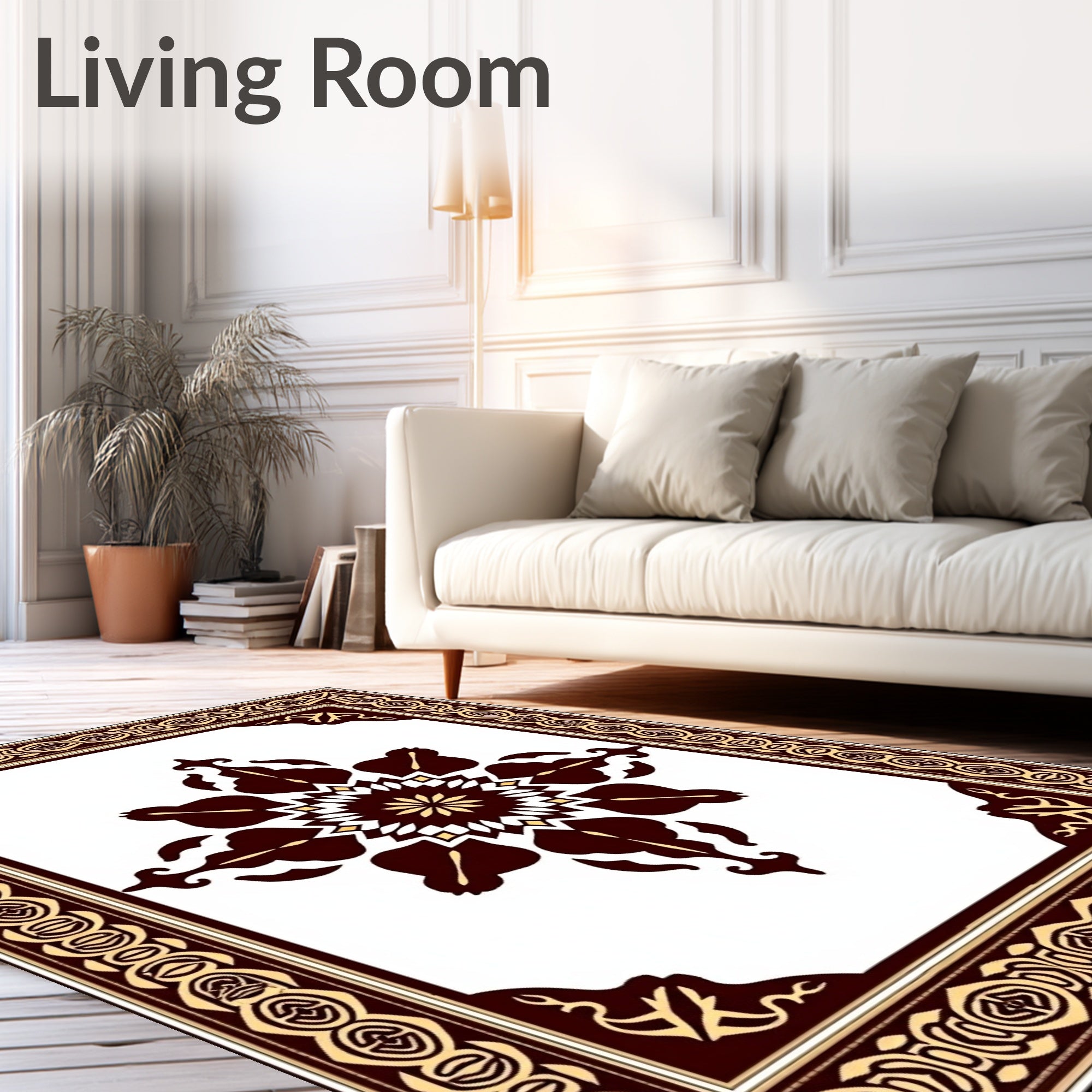 Rich Maroon Gold Floral Frame Rug
