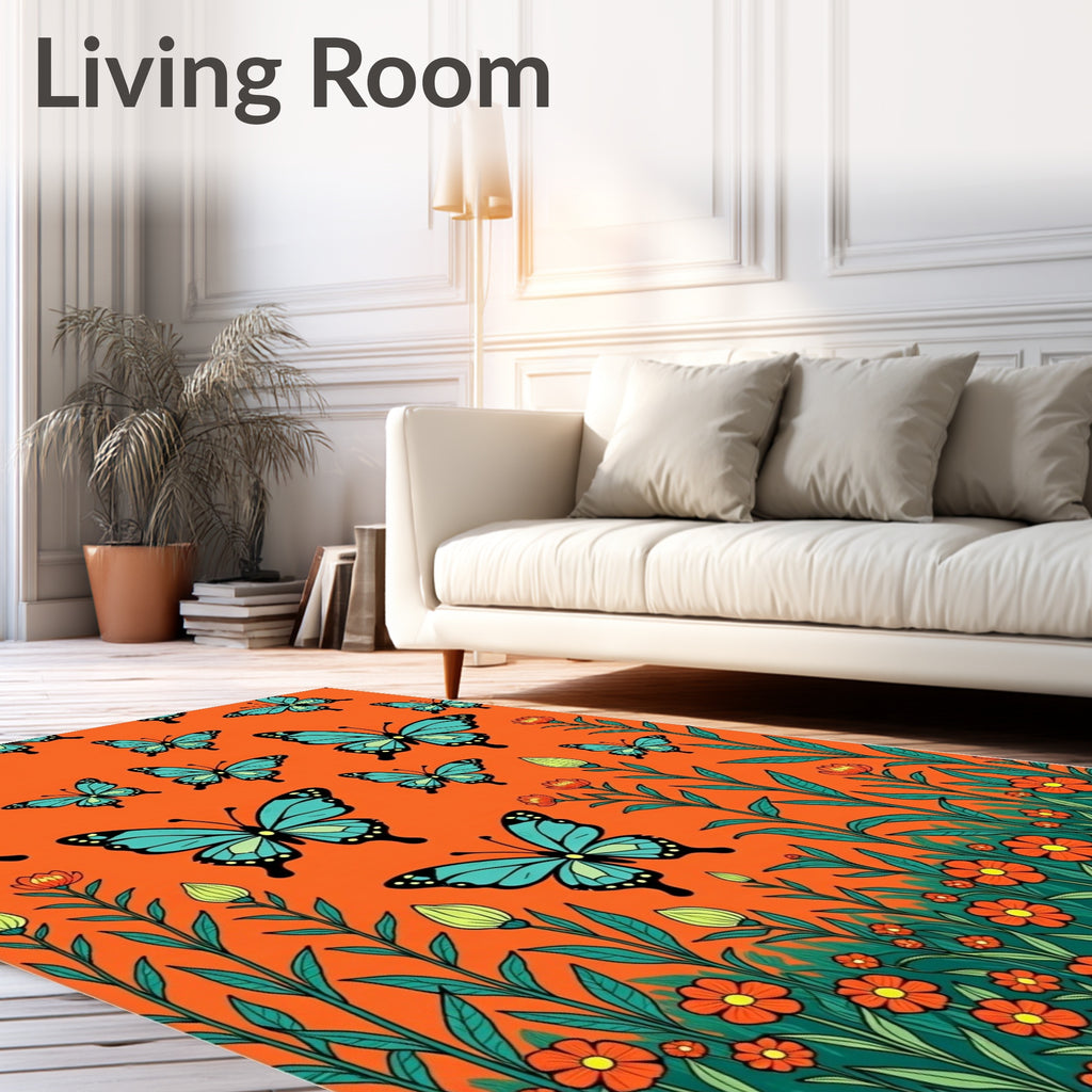 Orange Butterfly Garden Floral Pattern Rug
