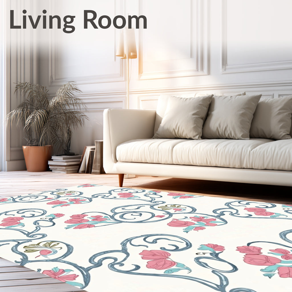 Floral Scrollwork With Pink Blossoms and Swirls Rug