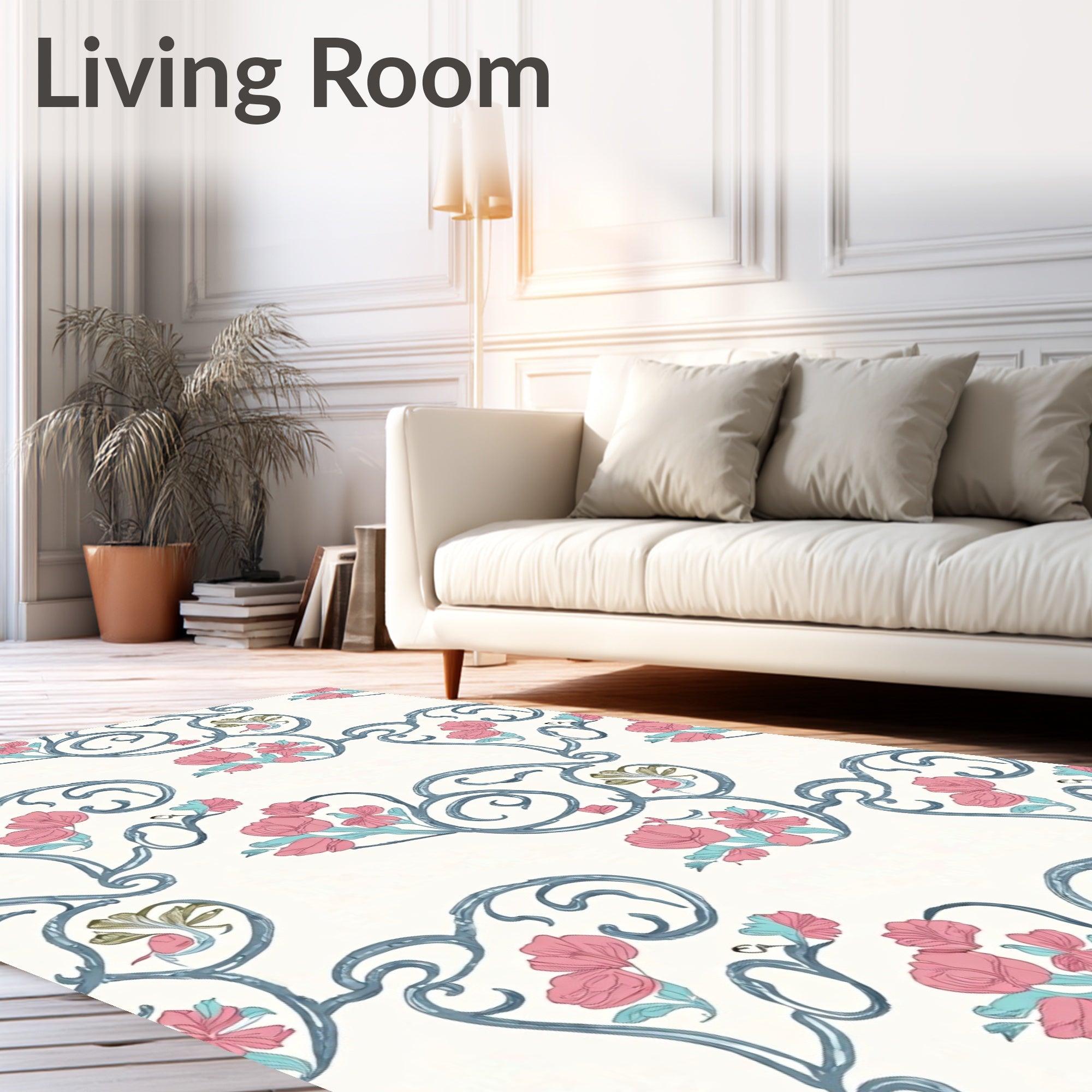 Floral Scrollwork With Pink Blossoms and Swirls Rug