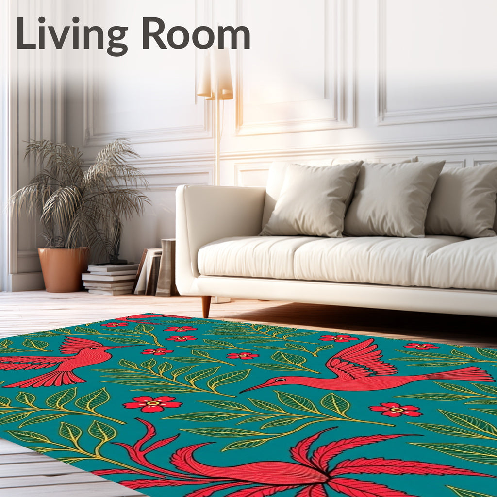 Red Humminbirds Floral Teal Pattern Rug