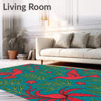 Red Humminbirds Floral Teal Pattern Rug