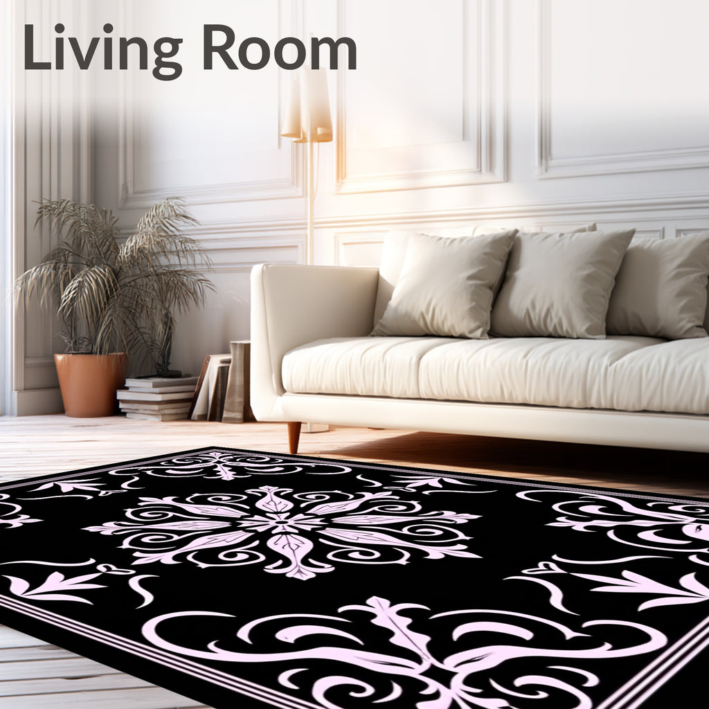 Elegant Filigree Black Pink Floral Rug