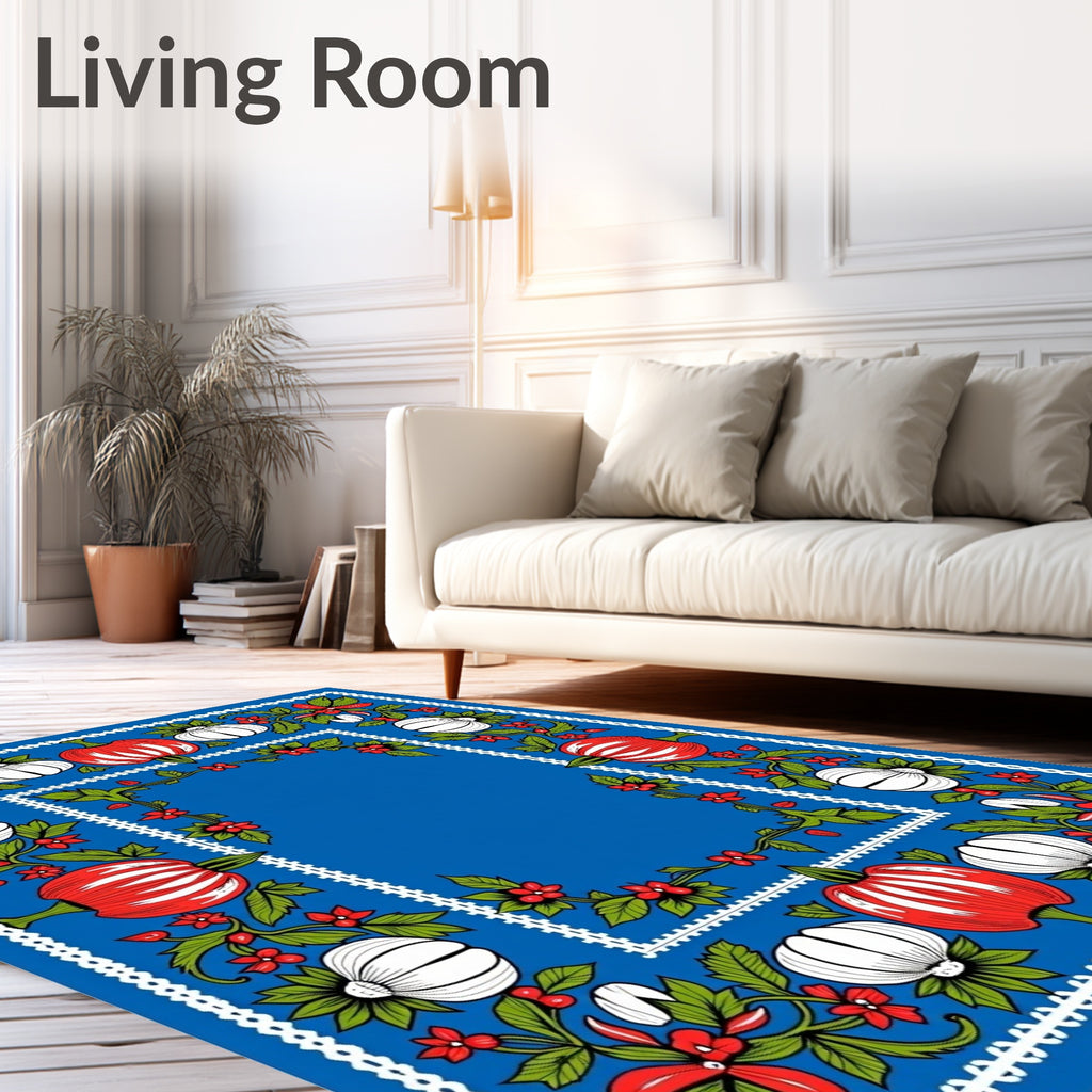 Vivid Blue Botanical Pumpkin Frame Rug