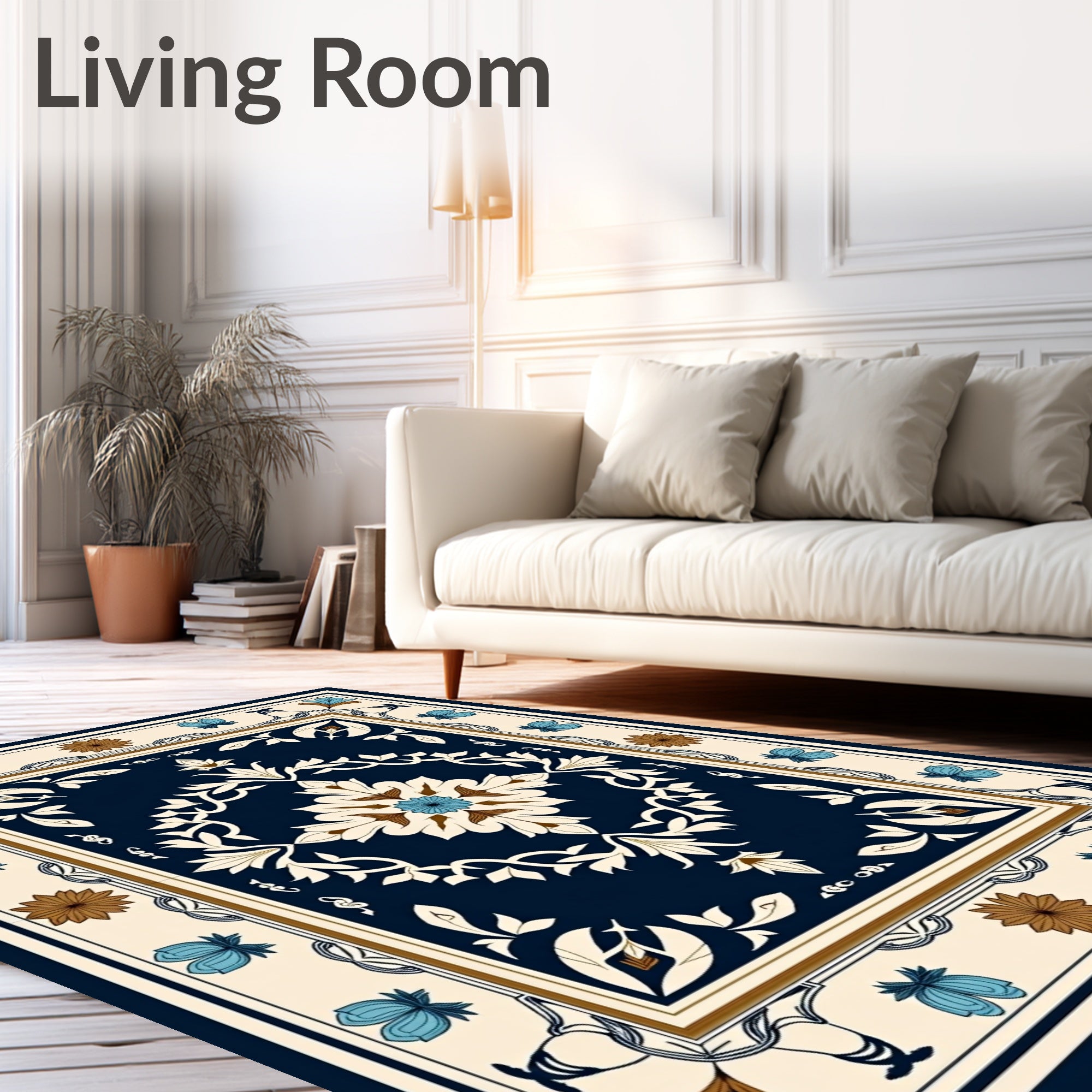 Ornate Floral Medallion Ivory Blue Rug