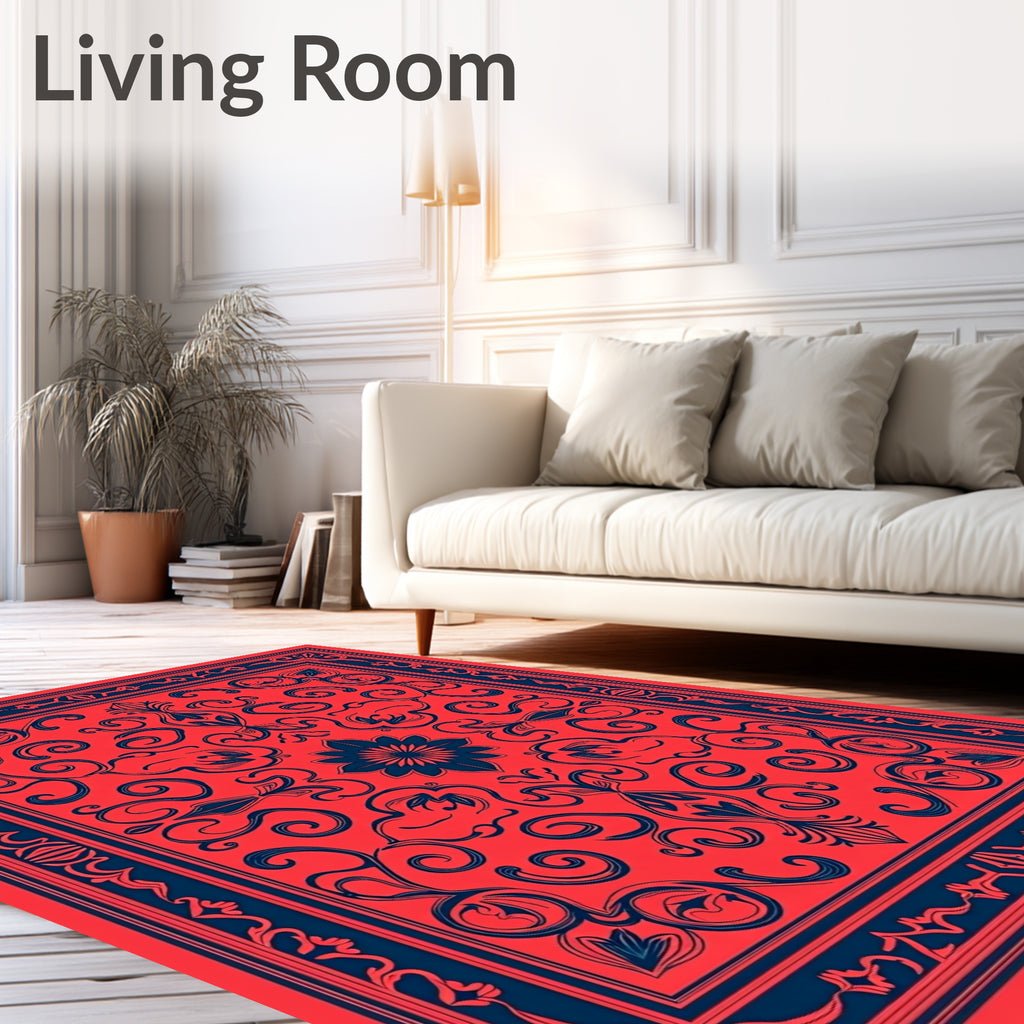 Red Blue Floral Scroll Rug