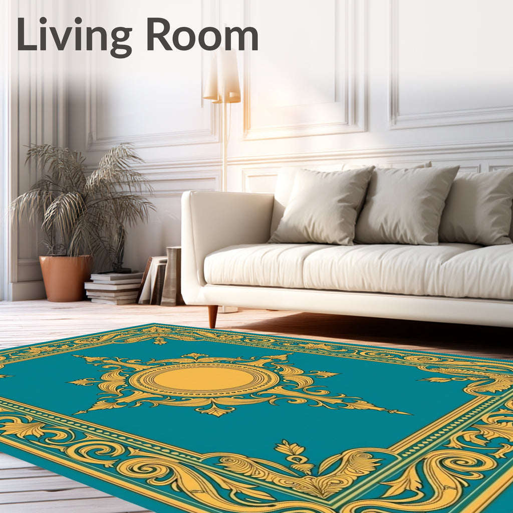 Ornate Teal Gold Baroque Design Rug