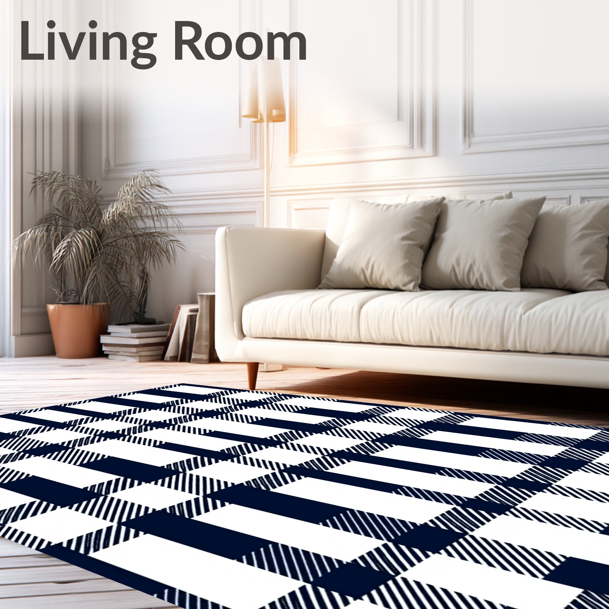 Classic Navy White Gingham Plaid Design Rug