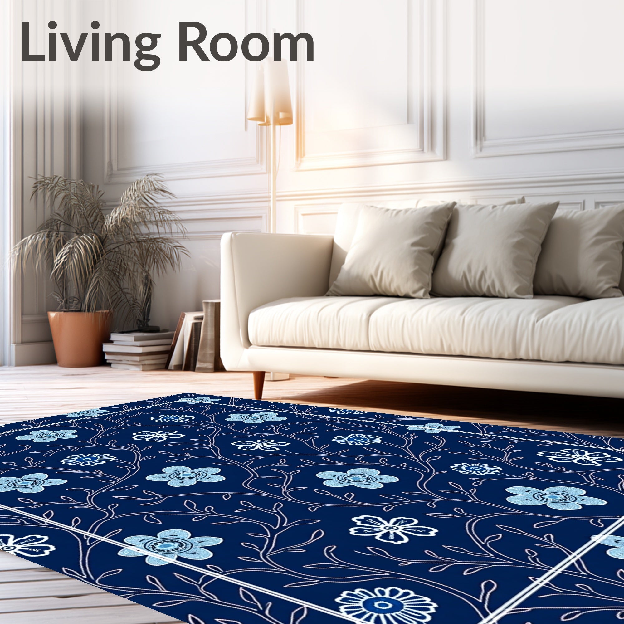 Dark Blue Floral Vine Design Rug