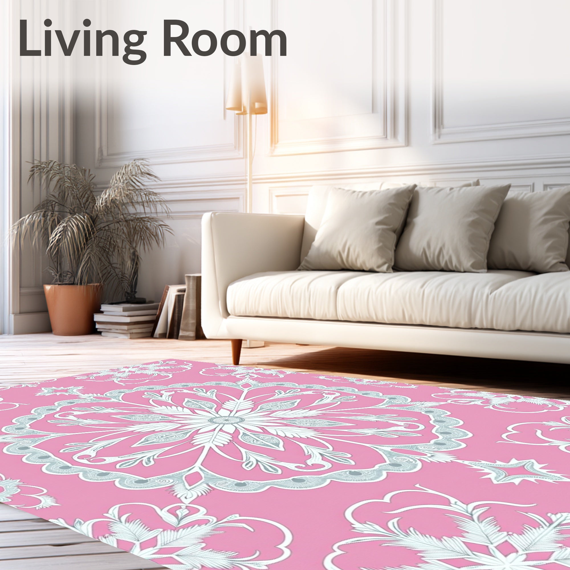 Pink White Intricate Floral Medallion Rug
