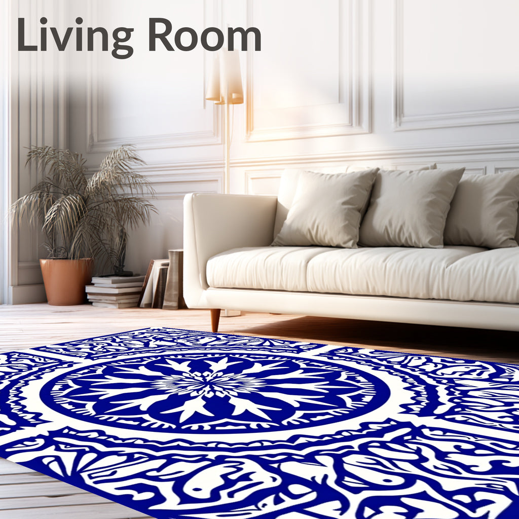 Ornate Blue White Mandala Pattern Rug