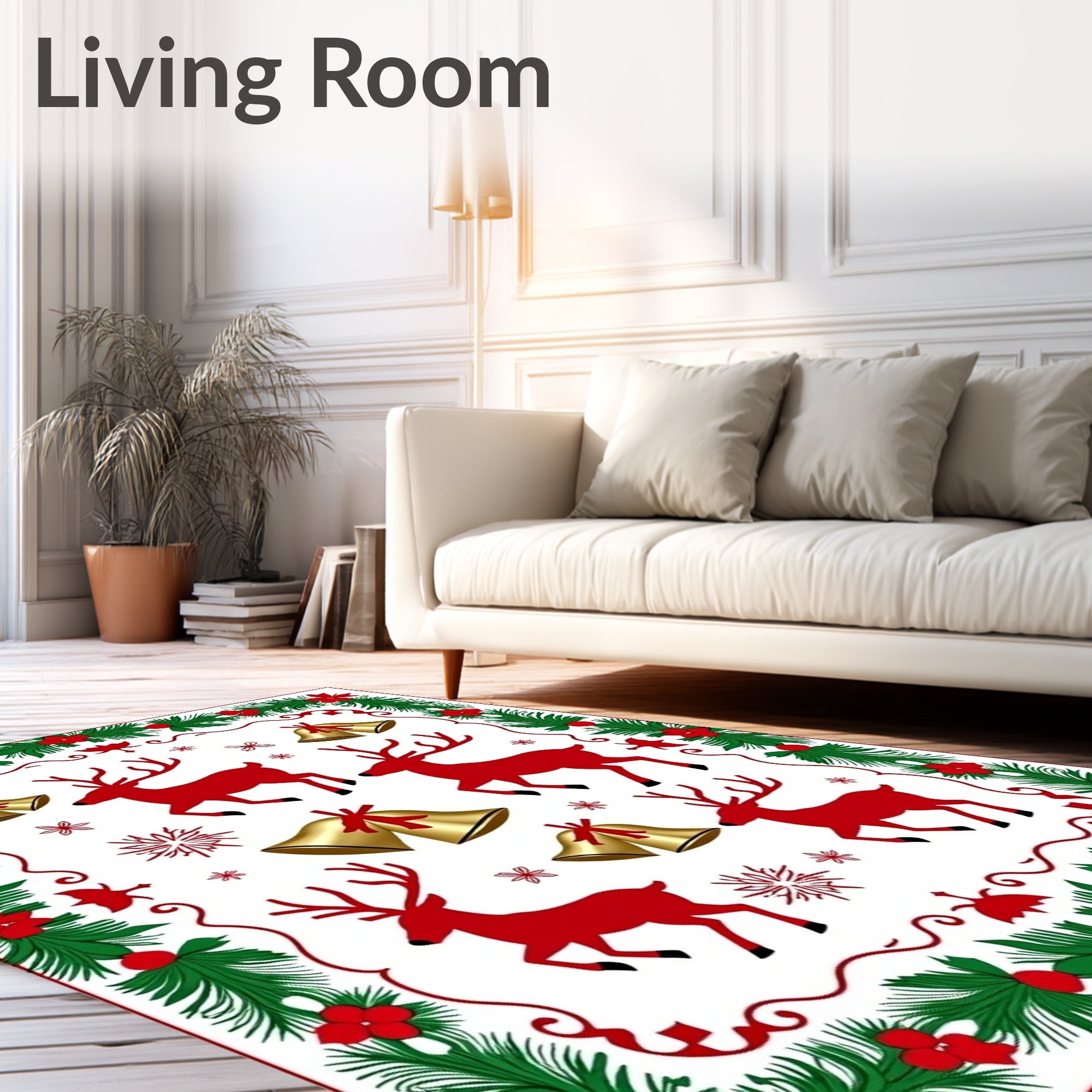 Red Reindeer Gold Bells Evergreen Border Rug