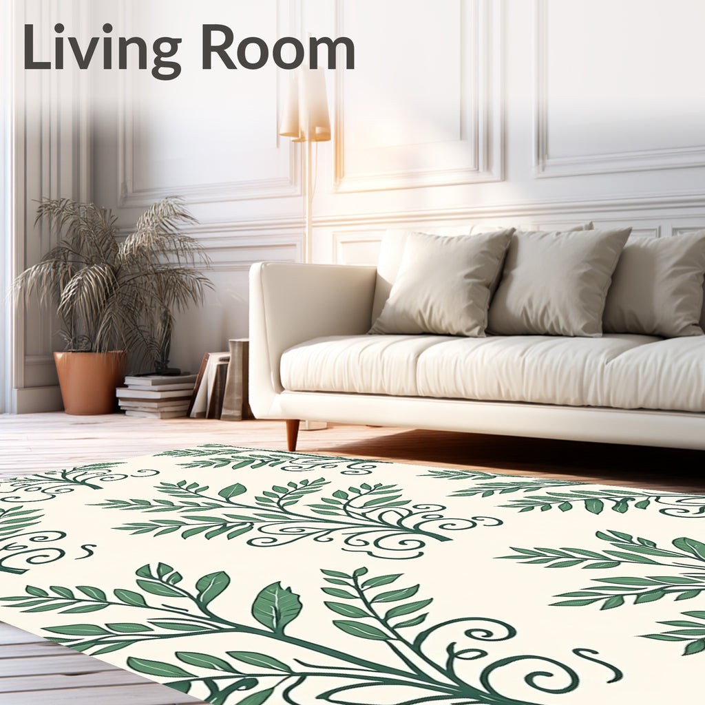 Chic Botanical Scrollwork Green Leaf Pattern Rug