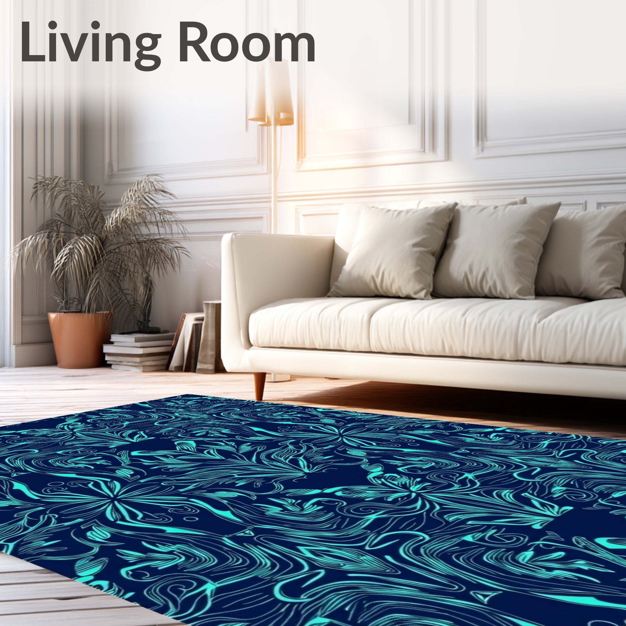 Navy Blue Teal Elegant Floral Design Rug