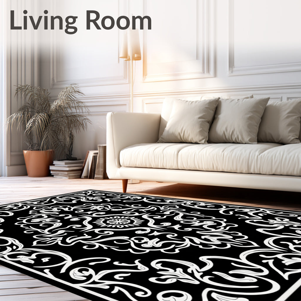 Elegant Black White Damask Pattern Rug
