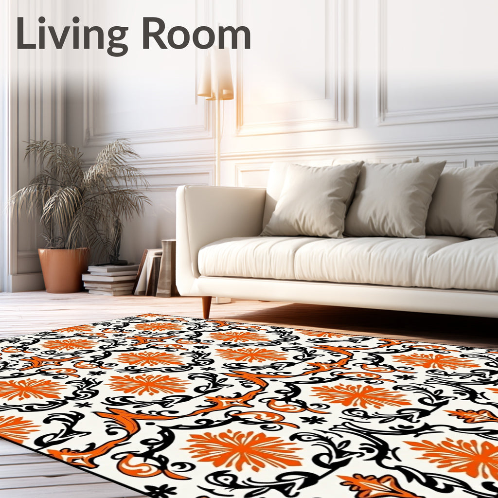 Orange Black Floral Damask Pattern Rug