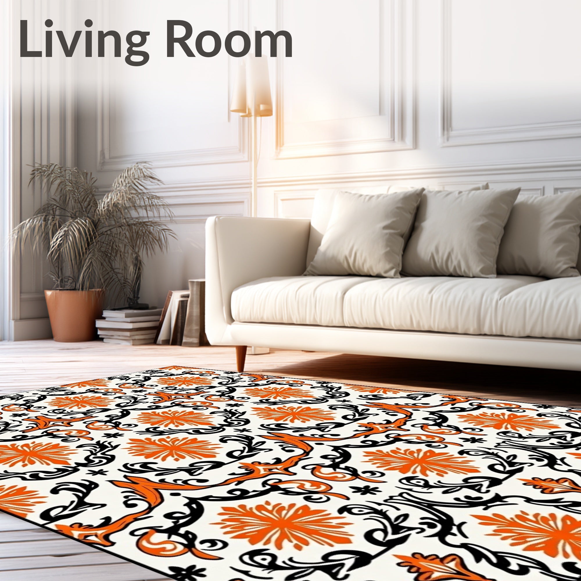 Orange Black Floral Damask Pattern Rug