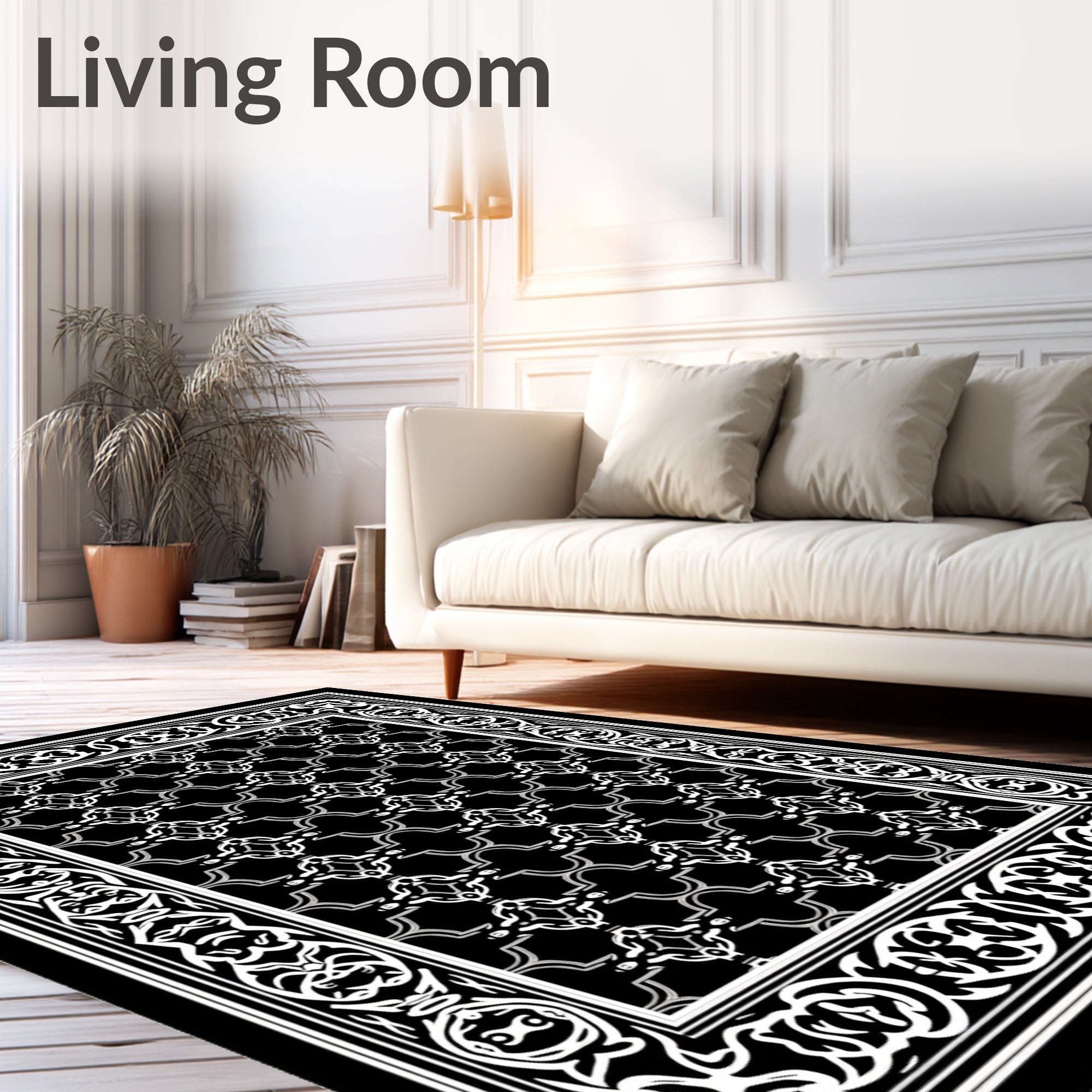 Elegant Black White Ornamental Rug