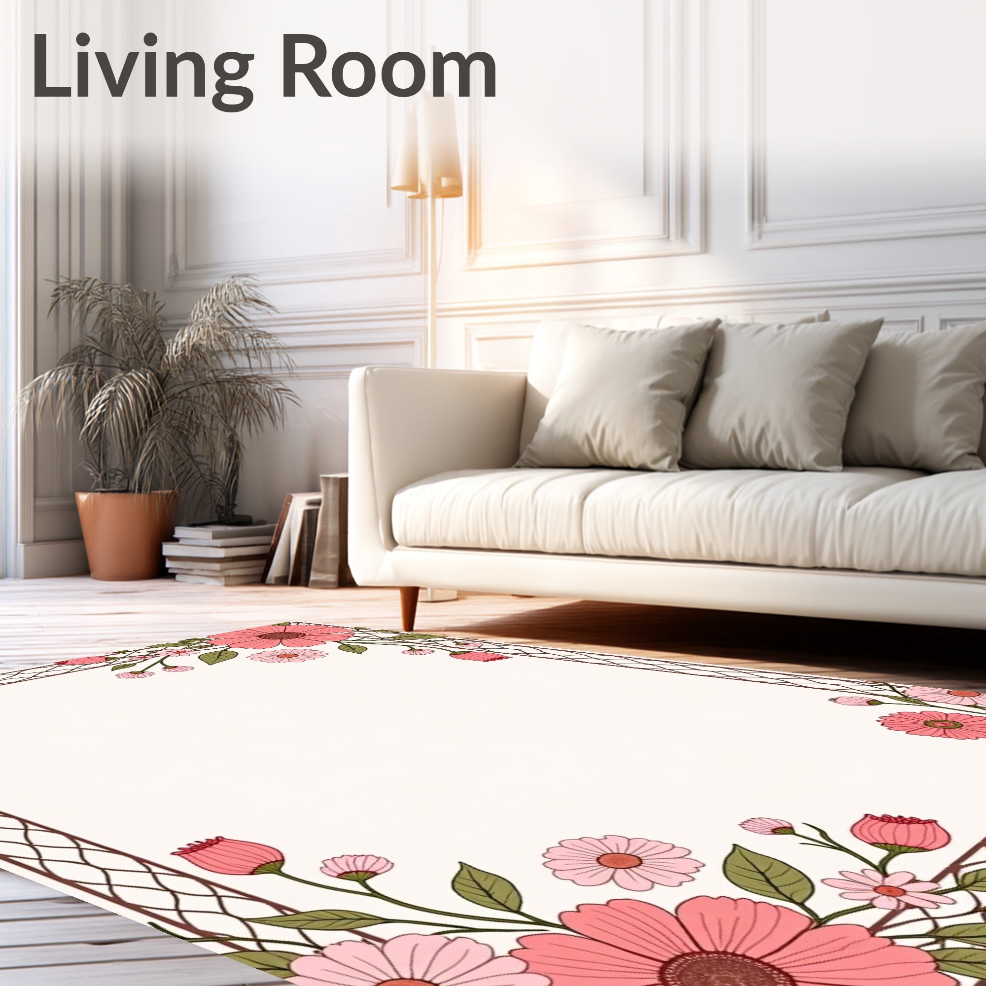 Floral Frame Pink Botanical Design Rug