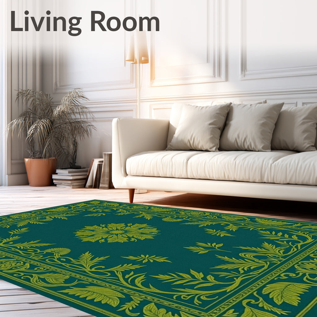 Elegant Teal Gold Floral Border Rug
