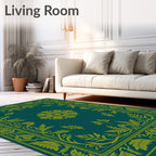 Elegant Teal Gold Floral Border Rug