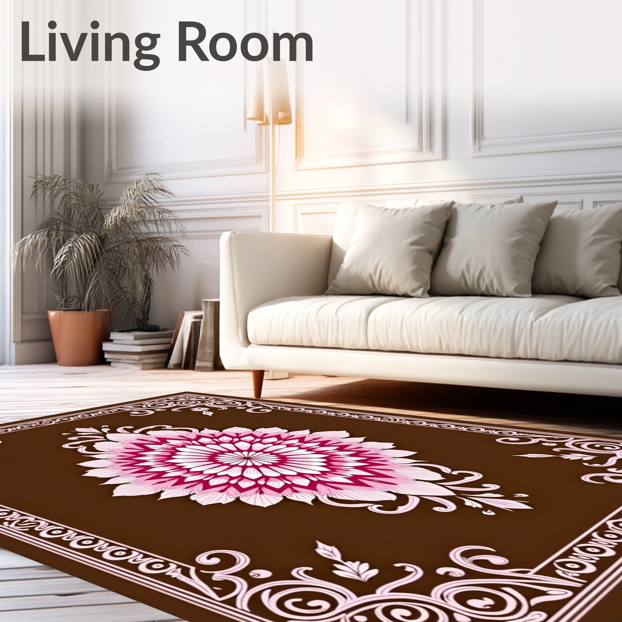 Ornate Floral Mandala Brown Pink Rug