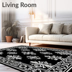 Black White Classic Floral Motif Rug